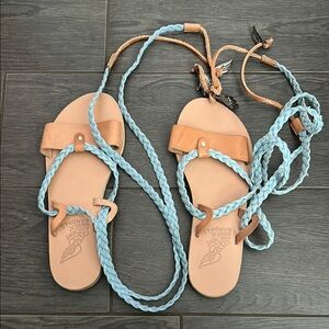 Ancient Greek Sandals Atropos leather-trimmed braided denim sandals 37 NWOT